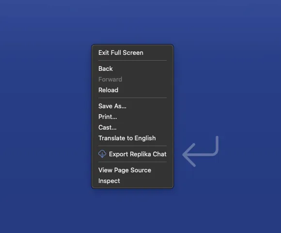 Browser right-click context menu with Replika chat export feature